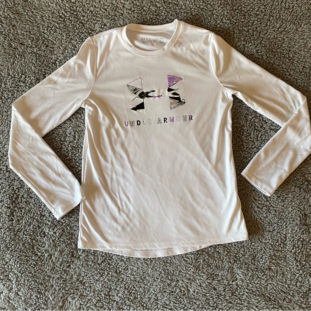 Under Armour Heatgear Girls Large Big Logo Print Fill Long Sleeve White Purple